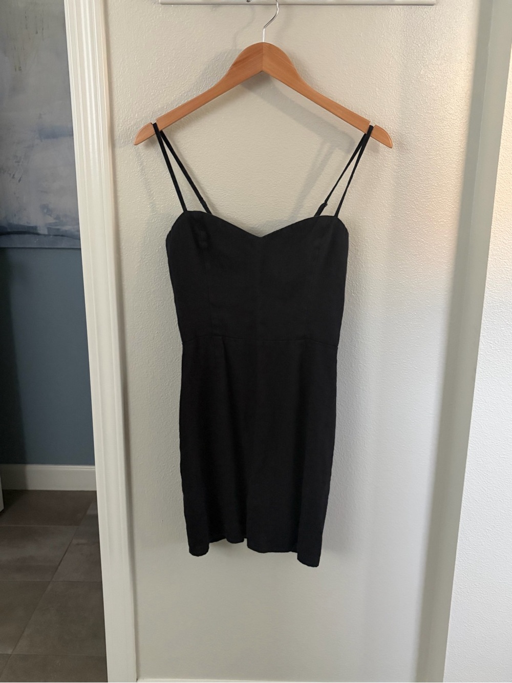 Reformation Roarke Black Linen Mini Dress with Smocked Bodice